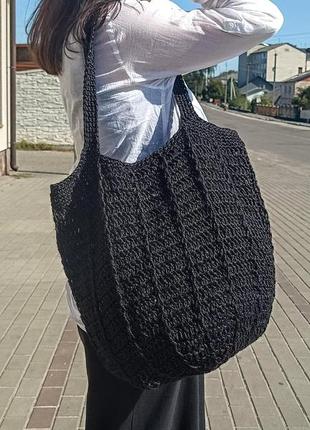 Велика чорна в'язана сумка. плетений шопер. об'ємна повсякденна сумка. сумка ручної роботи.7 фото