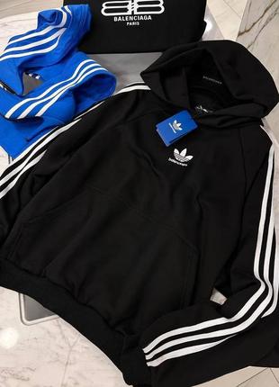 Толстовка худі довга в стилі adidas & balenciaga з капюшоном чорна синя2 фото