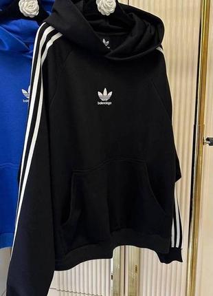 Толстовка худи длинная в стиле adidas &amp; balenciaga с капюшоном черная синяя8 фото