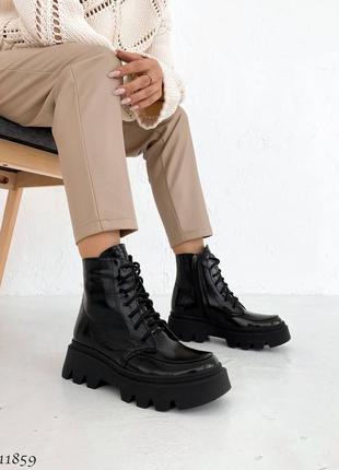 Ботинки деми осень натуральный лак черные на шнурках берцы2 фото