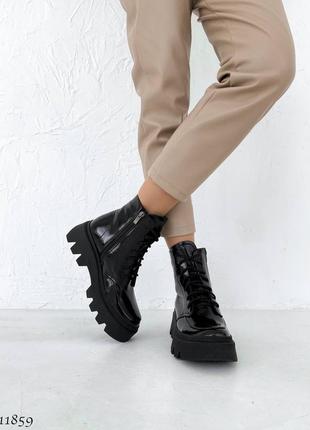 Ботинки деми осень натуральный лак черные на шнурках берцы4 фото
