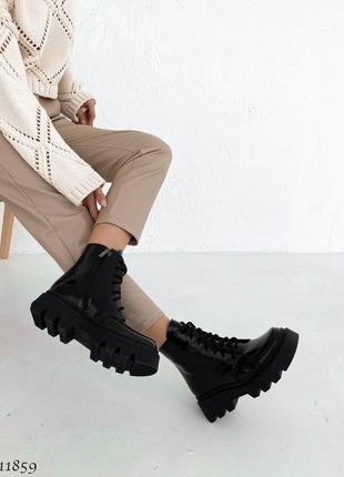 Ботинки деми осень натуральный лак черные на шнурках берцы6 фото