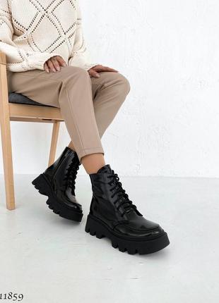 Ботинки деми осень натуральный лак черные на шнурках берцы8 фото