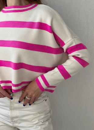 Укороченная кофта акриловая свободного прямого кроя в полоску модная свитер7 фото