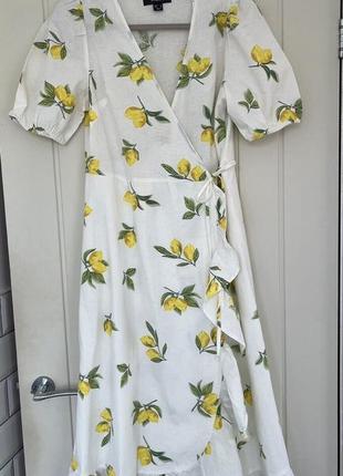 Новое платье с лимонами, лён, льняное на запах, шикарное1 фото