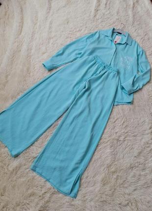 Легкий літній дуже крутий костюм тканина жниварка штани палаццо довгі широкі сорочка оверсайз з накл6 фото