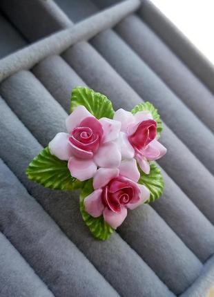 Английская винтажная брошь, костяной фарфор, цветы, букет, винтаж, коллекционная