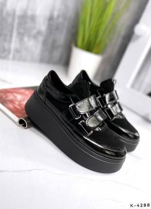 Натуральные замшевые и лакированные черные кеды - кроссовки на липучках на повышенной подошве5 фото