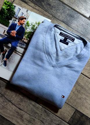 Чоловічий бавовняний базовий светр джемпер tommy hilfiger оригінал у блакитному кольорі розмір м