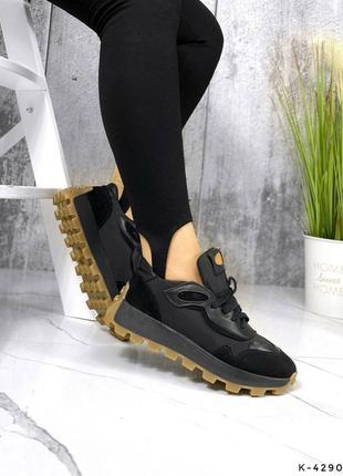 Натуральные кожаные и замшевые черные кроссовки с текстильными вставками6 фото