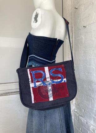 Винтажная джинсовая сумка шоппер через плечо replay cross body shopper декоративная вышивка (distressed levis, miss sixty, girbaud )1 фото