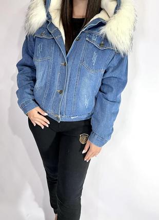 Джинсовая куртка женская с эко мехом тепла2 фото