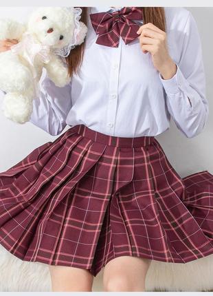 Шотландская юбка марсала в складку 6705 бордовая юбочка высокая талия вишневая клетчатая вишня