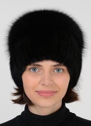 Вязаная женская норковая шапка  с помпоном