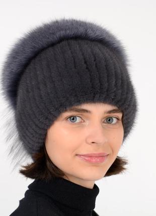 Вязаная женская норковая шапка  с помпоном2 фото