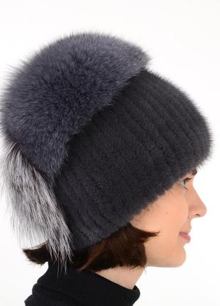 Вязаная женская норковая шапка  с помпоном3 фото