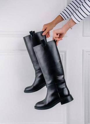 Натуральна 100% шкіра жіночі чорні шкіряні весна осінь високі прямі ботинки труби сапоги жокейські черевики чоботи танкетка низький хід на танкетці