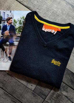 Чоловічий елегантний бавовняний светр з v-подібним коміром superdry в сірому кольорі розмір l