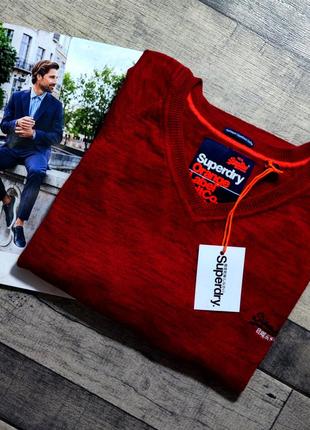 Чоловічий елегантний бавовняний светр з v-подібним коміром superdry в бордовому кольорі розмір xl