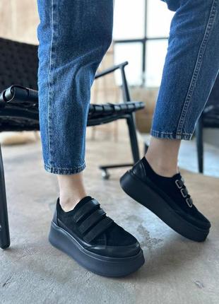 Удобные стильные трендовые базовые черные кроссовки кеды из натуральной замши на липучках1 фото