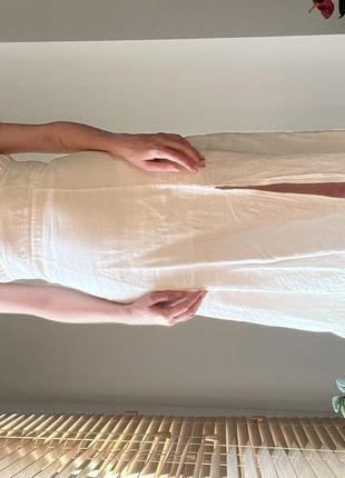Льняное платье миди молочного цвета с разрезом2 фото