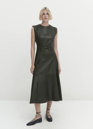 Massimo dutti xs s m l платье средней длины из кожи наппа с ремнем хаки нова