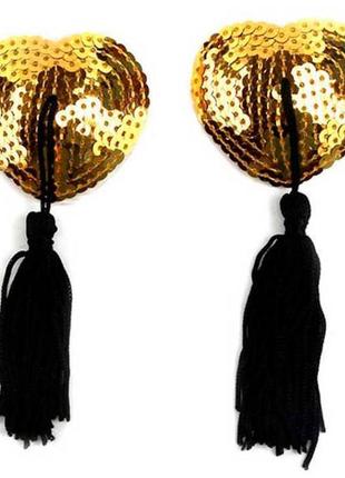 Эротическое бельё наклейки для сосков hearts с пайетками и кисточками - золото,...