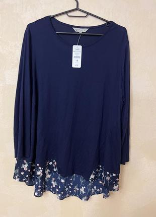 54-56-58батал синяя стильная блуза блузка кофта удлинена в цветочек7 фото
