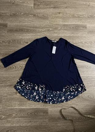 54-56-58батал синяя стильная блуза блузка кофта удлинена в цветочек