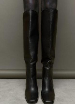 Zara высокие кожаные сапоги на каблуке, ботфорты, сапоги, сапожки, ботинки6 фото