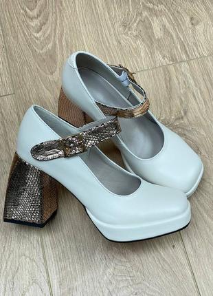 Эксклюзивные туфли из итальянской кожи и замши женские на каблуке платформе с ремешком7 фото