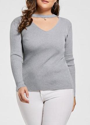 Сірий джемпер-кофточка реглан із довгим рукавом чокером светр стрейч батал виріз декольте