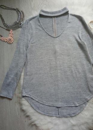 Серый джемпер кофточка реглан с длинным рукавом чокером свитер стрейч батал вырез декольте3 фото