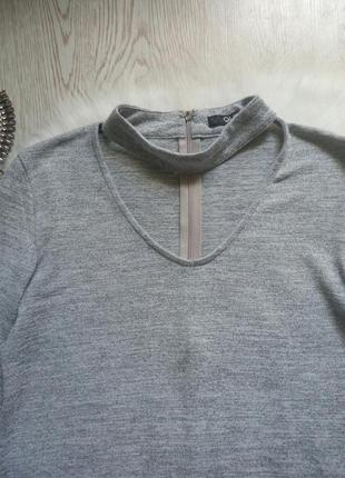 Серый джемпер кофточка реглан с длинным рукавом чокером свитер стрейч батал вырез декольте5 фото
