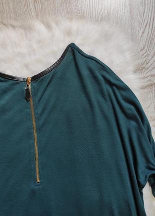 Зеленая изумрудная кофточка джемпер реглан вискоза стрейч с черным кожаным воротником8 фото