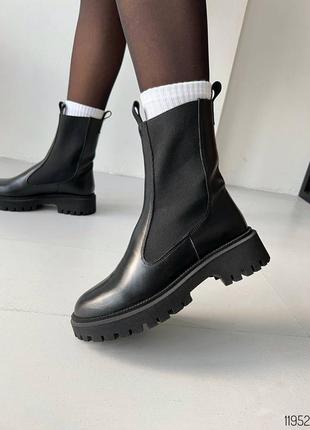 Черные натуральные кожаные демисезонные деми осенние трендовые ботинки челси с резинками на резинках толстой подошве кожа осень