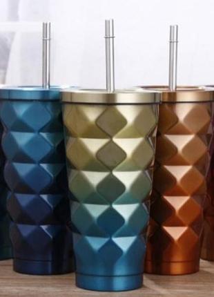Термостакан металевий з кришкою та трубочкою