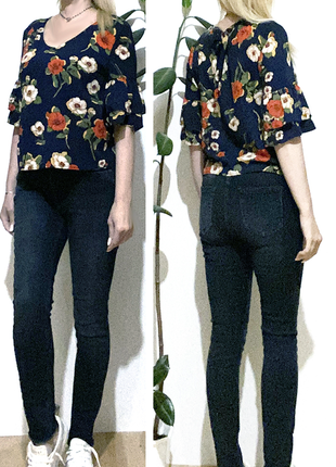 Eur 38-40 цветочная блузка короткая прямая блуза короткий рукав воланы рюши2 фото