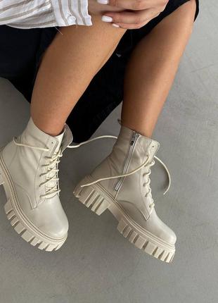 Трендові молочні жіночі черевики осінні,зимові,на товстій підошві,шкіряні/шкіра-жіноче взуття 20237 фото