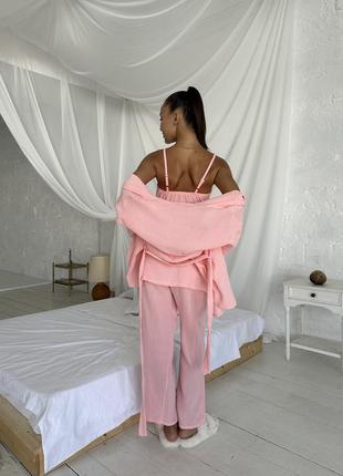 Christel 141 рожева піжама бавоняна для жінок халат топ штани муслін3 фото