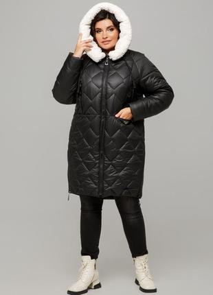 Стильная теплая зимняя куртка пальто батал большие размеры с мехом