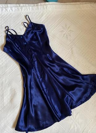 Платье атласное синее короткое нижнее платье атласная комбинация ночная рубашка слива - xs,s
