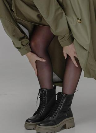 Стильные кожаные черные ботинки на массивной подошве цвета хаки5 фото