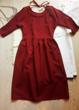 Бордовое марсала свободное платье миди с пышной длинной юбкой рукавами темное красное