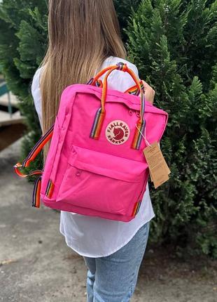 Яркий розовый рюкзак kanken classic 16 l с радужными ручками. портфель канкен5 фото