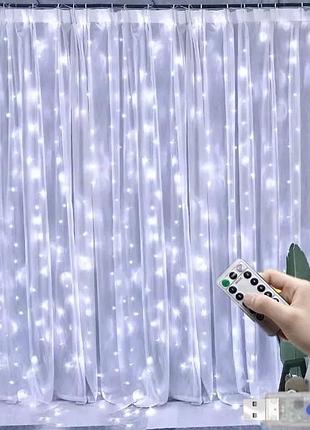 Світлодіодна водонепроникна гірлянда-завіса штора 3*1м usb c пультом+батарейка холодний-білий