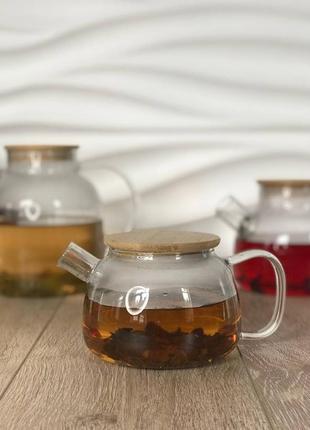 Стеклянный пузатый чайник с древесной крышкой 800 мл
