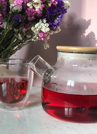 Стеклянный пузатый чайник с древесной крышкой 800 мл