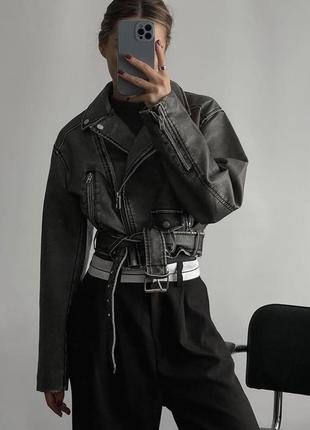 Вкорочена вінтажна косуха  в стилі zara шкіряна куртка сіра потерта7 фото