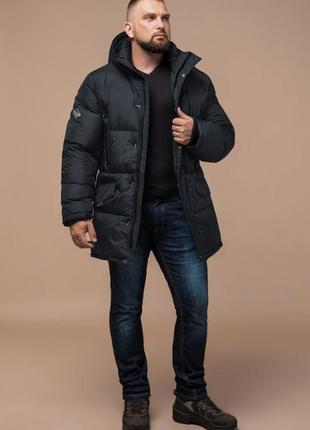 Удобная мужская куртка большого размера зимняя чёрная синяя модель 32841 фото